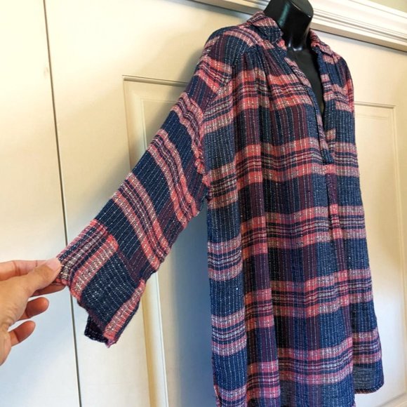 Free People Oversized Sequins Plaid Knit V-Neck Long Sleeve Blouse - Picture 3 of 5